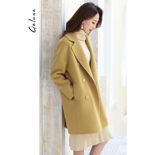 2021 new double-sided tweed coat female small goose yellow tweed coat medium long zero cashmere coat female autumn and winter