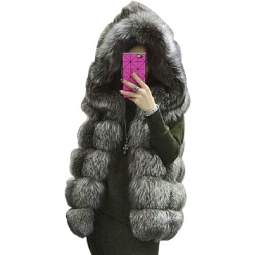 S-4XL Female Hooded Fur Coat Autumn Winter Thick Warm Faux Silver Fox Fur Vest Women High-Grade Cappa Fashion Cardigan