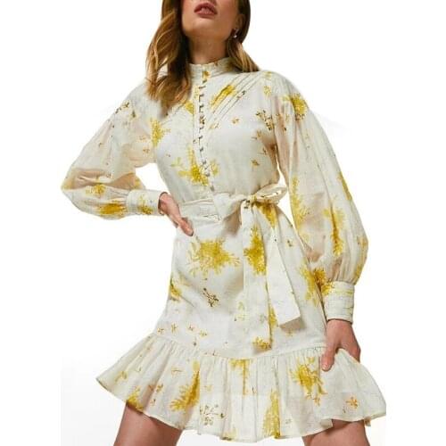 Free Shipping 2021 New Arrival Long Sleeve Dress Women Casual Ruffles Floral High Waist Dresses Ladies Fashion Streetwear
