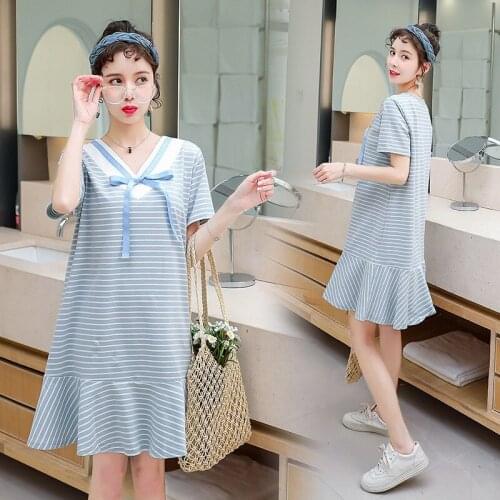 Pregant Women 2019 New Loose Fit Knee Length Stripes Design Solid Color Breathable Cotton Dresses Summer Dresses