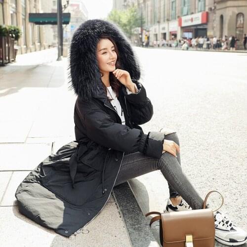 Winter down jacket with hood and raccoon fur collar, Korean long coat, warm jackets for women 18081 kj2903