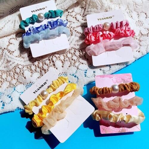 3PCS Fabric Pearls Elastic Hair Bands For Women Colorful Rubber Band Hair Accessories Fashion Headband Hair Rope