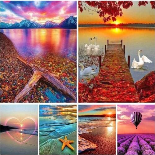 5D DIY Diamond Painting Seaside Scenery Kit Rhinestone Inlaid Embroidery Mosaic Sunset Scenery Handmade Home Decoration