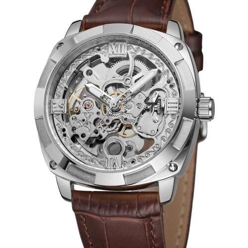FORSINING Fashion casual hollow mens watch Roman digital silver case and dial brown leather strap automatic mechanical watch