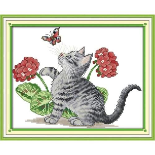 Baby cat play with butterfly cross stitch kit 18ct 14ct 11ct count print canvas stitches embroidery DIY handmade needlework plus