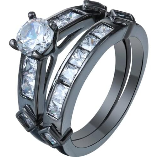 Hainon luxury black gun promise Rings sets new women jewelry gift square zircon princess wedding Engagement Ring set Distributio