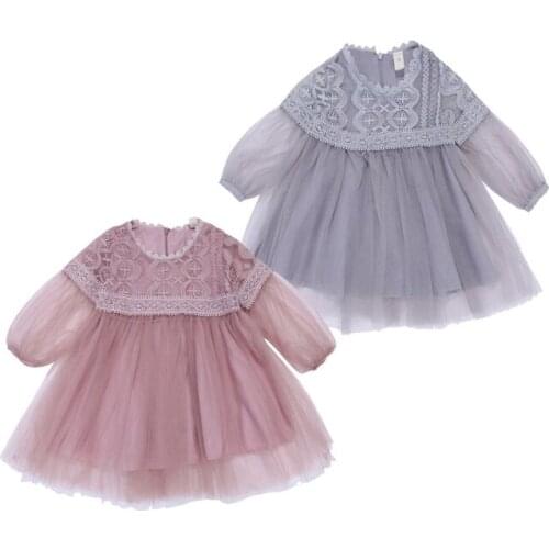 Flower Lace Cute Princess Toddler Baby Girls Long Lantern Sleeve O-Neck Solid 2 Style Voile Tutu Dress Outfit Spring Summer