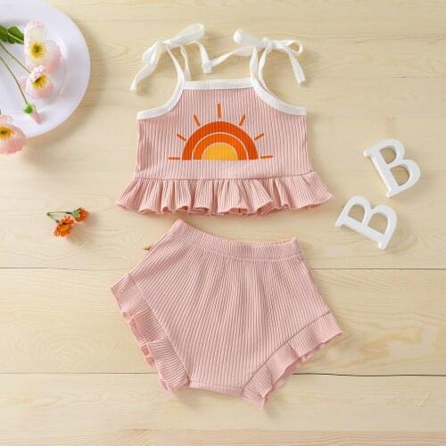 Summer New Kids Girls Casual Clothes Ribbed Sun Pattern Bow Straps Camisole+Elastic Waist Sweet Shorts Toddler Clothing Set