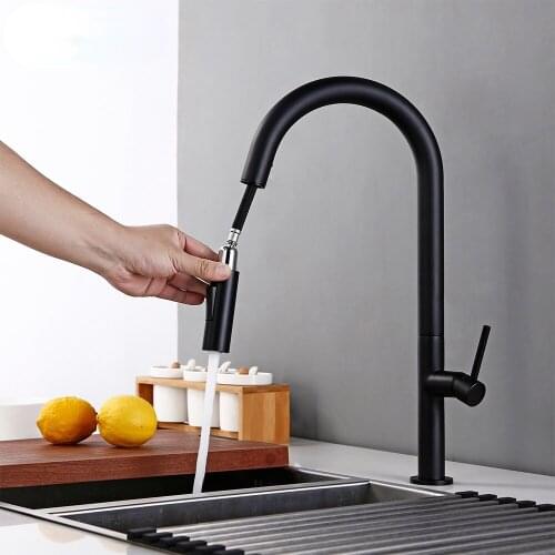 Brushed Chrome and Black Stainless Steel 360 Degree Rotation Kitchen Pull Out Brass Faucet Hot and Cold Water Sink Taps