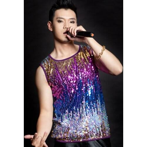 Fashion Singers Stage Clothes Men Costume Colorful Sequin Vest Bar Dj Costume Drum Kit Performance Clothing Hip Hop Wear BL2084