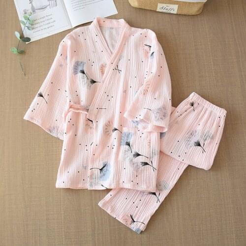 Pink Kimono Pajamas Set Women 2 PCS Sleepwear Spring Pure Cotton Yarn Pyjamas V-Neck Half Print Dandelion Pijama Mujer Homewear