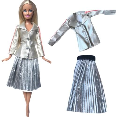 Hot Sale Doll Dress 1 Set Silver Leather Coat Fashion Skirt Modern Style Clothes Outfit For Barbie Doll Girls Gift Toys