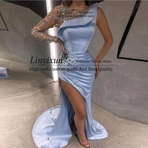 Eightale Blue Mermaid One Shoulder Prom Dresses 2021 Beading Long Sleeves Side Split Sexy Satin Formal Evening Party Dress