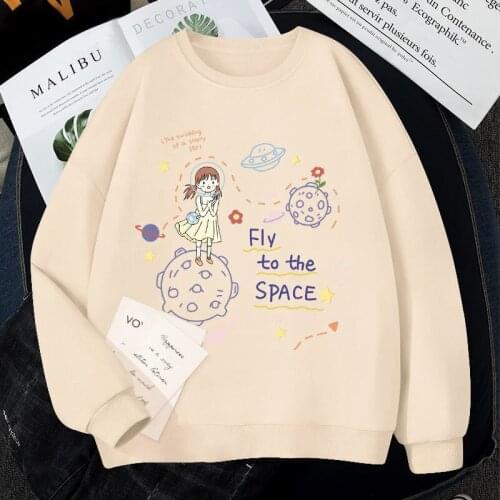 Autumn Harajuku Women Oversized Pullover Sweatshirt Hoodies Fly Into Space Girl Print Student Loose Winter Korean Tracksuit Tops