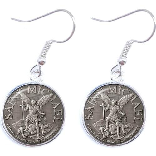 Glass Cabochon Earrings Archangel St.Michael Protect Me Saint Shield Protection Charm Russian Orhodox Drop Jewelry For Women