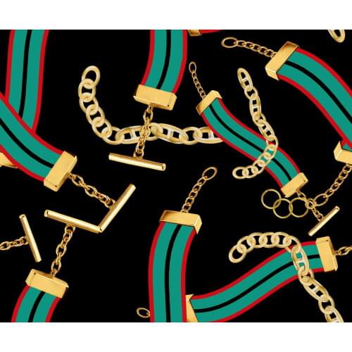 Gold lock chain printed fabric 100% polyester textile fabric for dress chiffon four-sided stretch satin fabric available