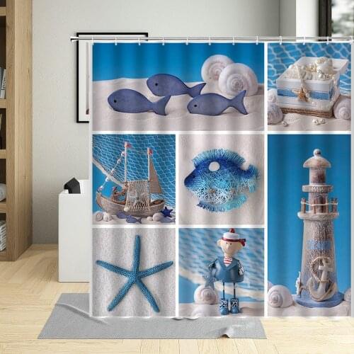 Lighthouse Shower Curtain Nautical Marine Fishing Net Sea Stars Shells Bathroom Bathtub Curtains Polyester Fabric Screen