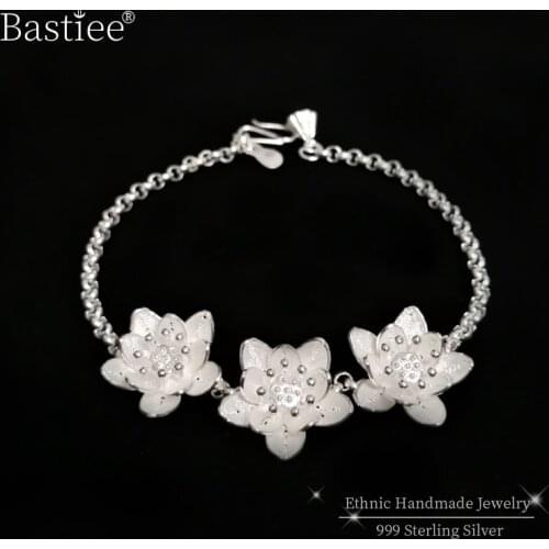 Lotus Flower 999 Sterling Silver Bracelet Femme Luxury Jewelry Boho Handmade Bracelets For Women Ethnic Hand Chain Link armband