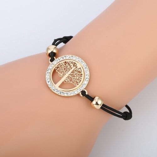 Tree of Life Round Charm Gold Bracelet For Women Elastic Black Rope Chain Crystal pulseras mujer moda Music Note Arrows Bracelet