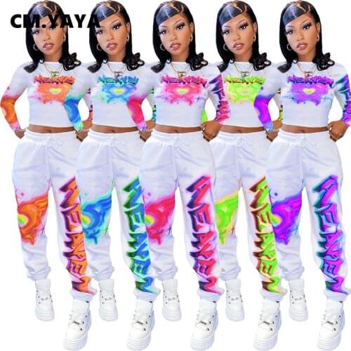 CM.YAYA High Street Letter Print Womens Suit Sweatshirts Tops Jogger Pants Two Piece Set Sweatsuit Matching Set Fitness Outfits