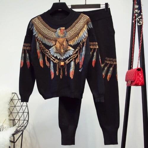 2020 autumn winter Women Beading eagle Embroidery printed Knitted sweater Tops+ casual pants two pieces sets