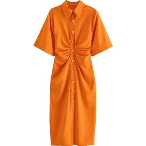 Womens Dress Chic Fashion Button Draped Mid-length Shirt Dress Retro Short Sleeve Side Zipper Womens Clothing Vestidos