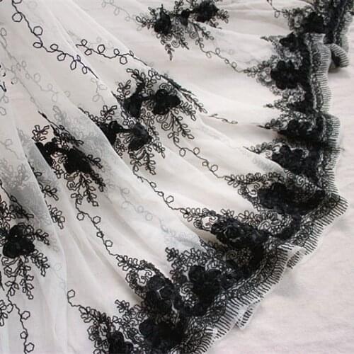 17.7"45cm(2yards/lot) White Tulle with Black 3D Chiffon Flower Lace Trim,Mesh Embroidery Lace Trim