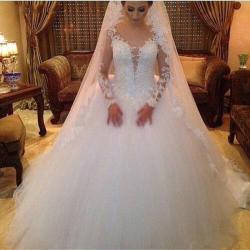 Angelsbridep Long Sleeves Ball Gown Wedding Dresses Vestido De Noiva Sexy V-Neck Appliques Floor-Length Bride Dress Lace-up