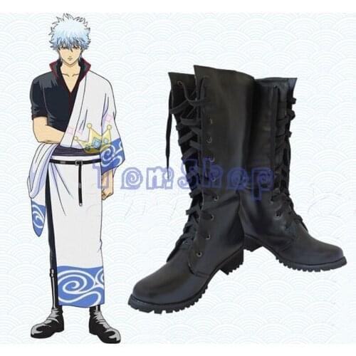 Anime Gintama Silver Soul Sakata Gintoki Cosplay Shoes Black Lace-up Riding Equestrian Boots Men Women Fashion Leather Boots