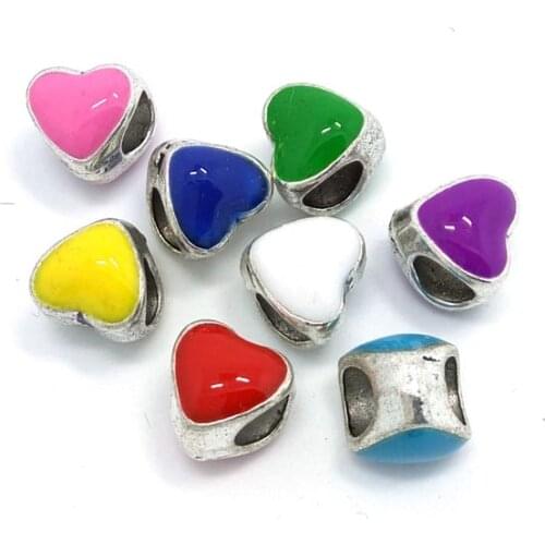 Free Shipping 50pcs 8mm mix color oil-drip antique silver plated alloy heart shape beads fit European bracelet charms DIY
