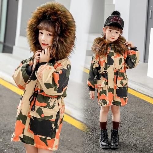 2021 Kids Jacket Parka Camouflage Long Down Coats Fur Hooded Childrens Clothing Teen Girls Snow Wear Outerwear 6 8 10 12 Years