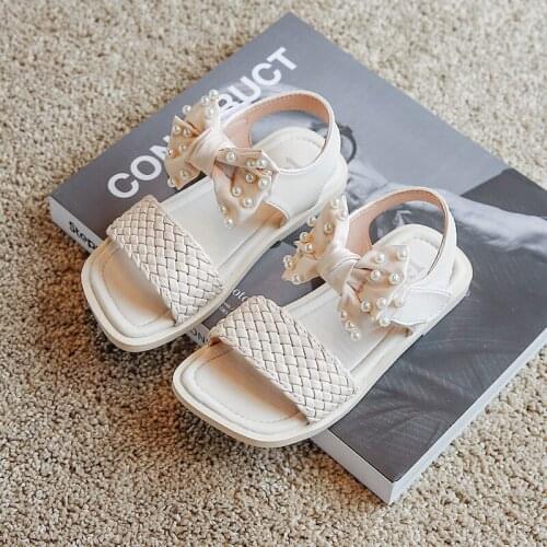 Children Sandals Summer 2021 New Girls Pearl Bow Princess Shoes Toe Beach Shoes Shoes for Kids Girls