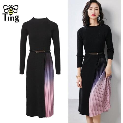 Tingfly Vintage Elegant Winter Autumn Black Knitwear Fashion Pleated Midi Long Vestidos Elbise with Belt Lady Office Work Robes
