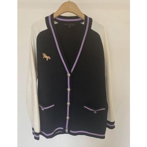 French m family 2020 autumn and winter new womens wear color contrast stitching academy style V-neck knitted cardigan