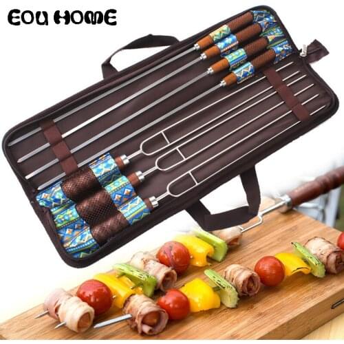 7Pcs/Set Stainless Steel BBQ Tools Wood Handle U Shape Roasting Needle Barbecue Fork Meat Roast Outdoor Picnic BBQ Accessories
