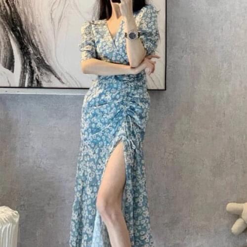 Korean Fashion Cotton Women Dress 202O-Neck Split Elegant Lace-up Vestidos Short Sleeve Long Dresses Casual Maxi Linen Sundress
