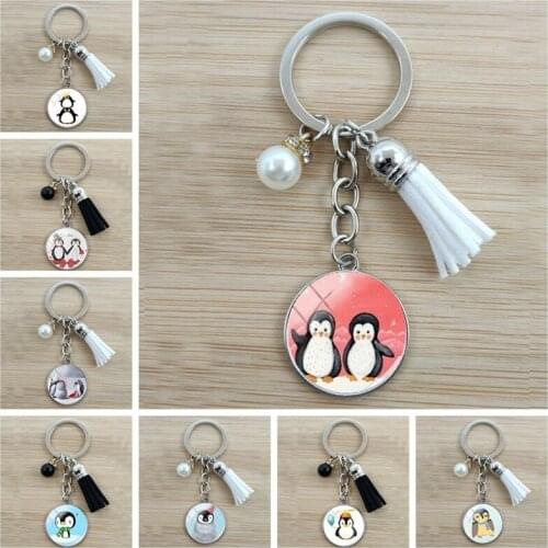 Cute Penguin Painting Heart Pendant Keychain Handmade Crafts Jewelry