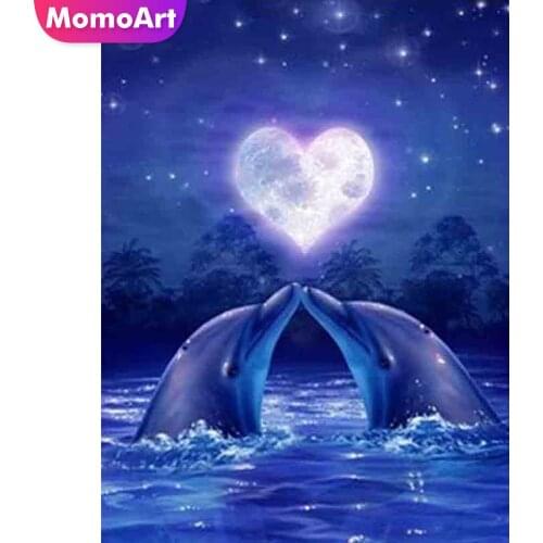 MomoArt DIY Diamond Painting Romantic Dolphin Love Heart Moon Sea Embroidery Diamond Mosaic Full Complete Kit