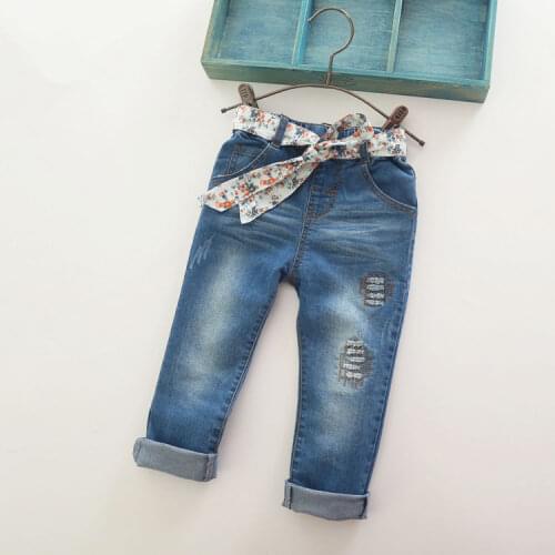 New Arrival Baby Girls Fashion Denim Jeans Girls Flower-belt Skinny Jeans Kids Spring Autumn Jeans Child Long Pants