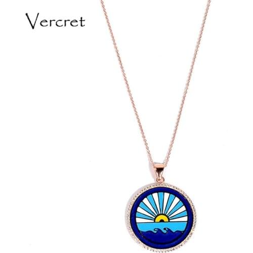 Vercret CZ enamel pendent necklace 18k gold genuine sterling silver zircon sunrise necklace for women party gift
