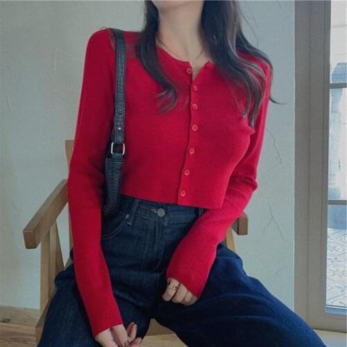 Simple Single Breasted Cardigan Spring Autumn Women O-Neck Solid Colors Long Sleeve Crop Tops Slim Casual Thin Short Sweaters