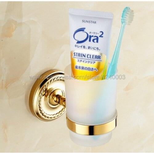 Luxury Gold Color Brass Bathroom Wall Mounted Toothbrush Holder with Single Glass Cups Kba613