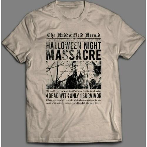 THE HALLOWEEN NIGHT MASSACRE HADDENFIELD HERALD ARTICLE MICHAEL MYERS SHIRT