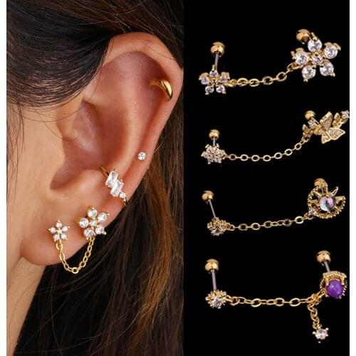 1piece Gold Color Butterfly Flower CZ Tragus Cartilage Stainless Steel Ear Stud Piercing Crystal Daith Earring