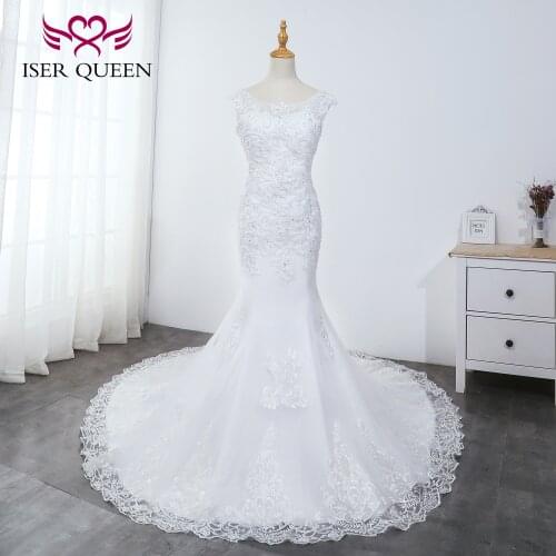 Sequined Beading and Pearls Embroidered Lace on Net Trumpet Wedding Dresses Lace up Pure White Chapel Train Vestido WX0040