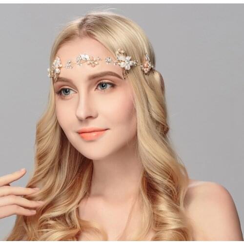 Pearl Gold Leaves Crystal Headbands Bride Wedding Bridesmaid Yarn Rattan Wedding Headband Decoration Gift Hair Accessory