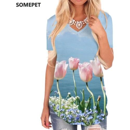 SOMEPET Flowers T-shirt women Plant T-shirts 3d Mountains V-neck Tshirt Landscape Funny T shirts Womens Clothing Hip hop Printed