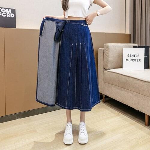 Pleated Midi Denim Skirt Irregular One Piece Women 2021 Korean Fashion High Waist Jean Skirts Harajuku Vintage Faldas Ropa Mujer