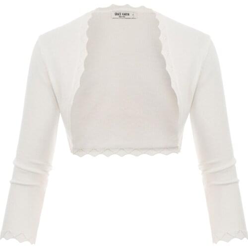 GK Womens 3/4 Sleeve Open Front coats ladies elegant tops solid color Copped Shrug Scalloped Knitting Bolero for wedding party