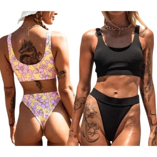 Ladies Summer Split Swimwear Set, Adults Women Creative Solid Color/Floral Printing Tank Top Style Sexy Backless Bikini Swimsuit